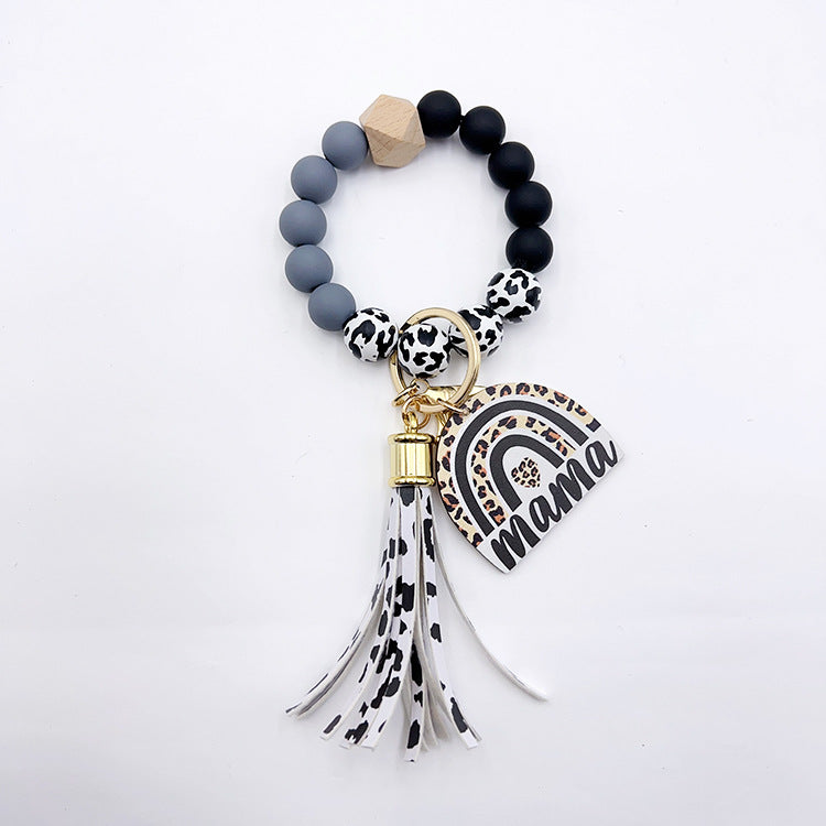 Wholesale Lacquer Round Beads Cow Pattern Wooden Beads Rainbow Wooden Sign Tassel Bracelet Keychain